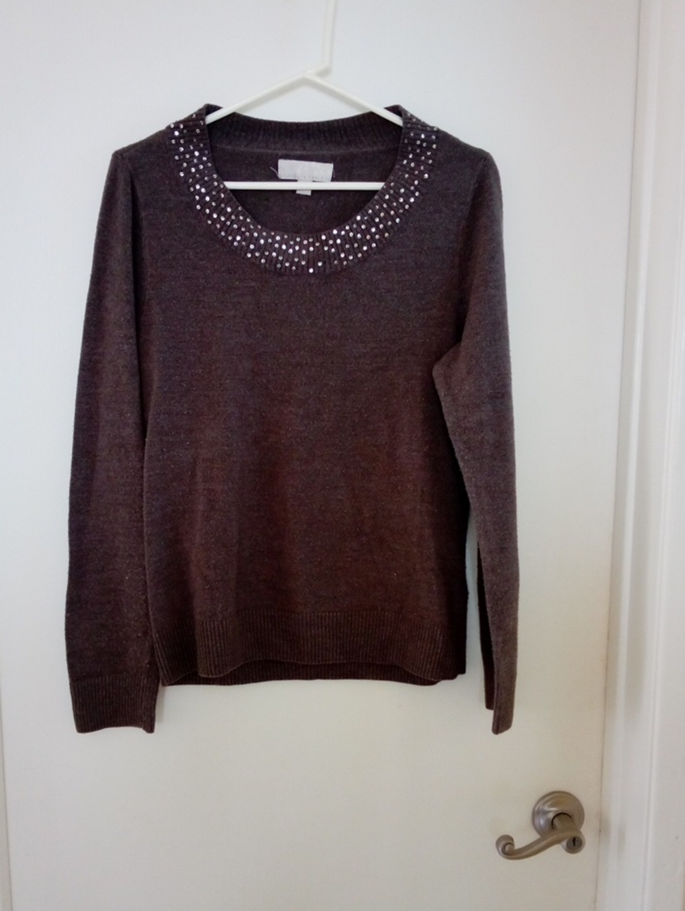 Carolyn Taylor Brown Jeweled Crewneck Sweater